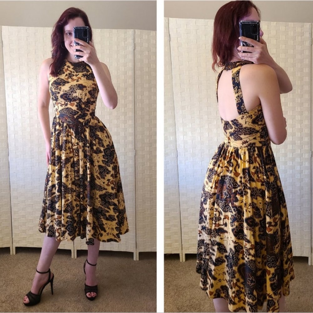 Vintage 70s The Kollection LTD Petites Asian Oriental Black Brown Dress Pockets